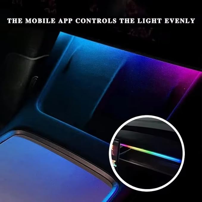 Interior Neon Lights for Tesla Model Y/3, Dreamcolor Acrylic Interior Car LED Strip Light for Tesla, Dynamic Chasing Music Sync Neon Ambient Lighting Kits for Tesla Model Y/3 (2 Strip Set A)