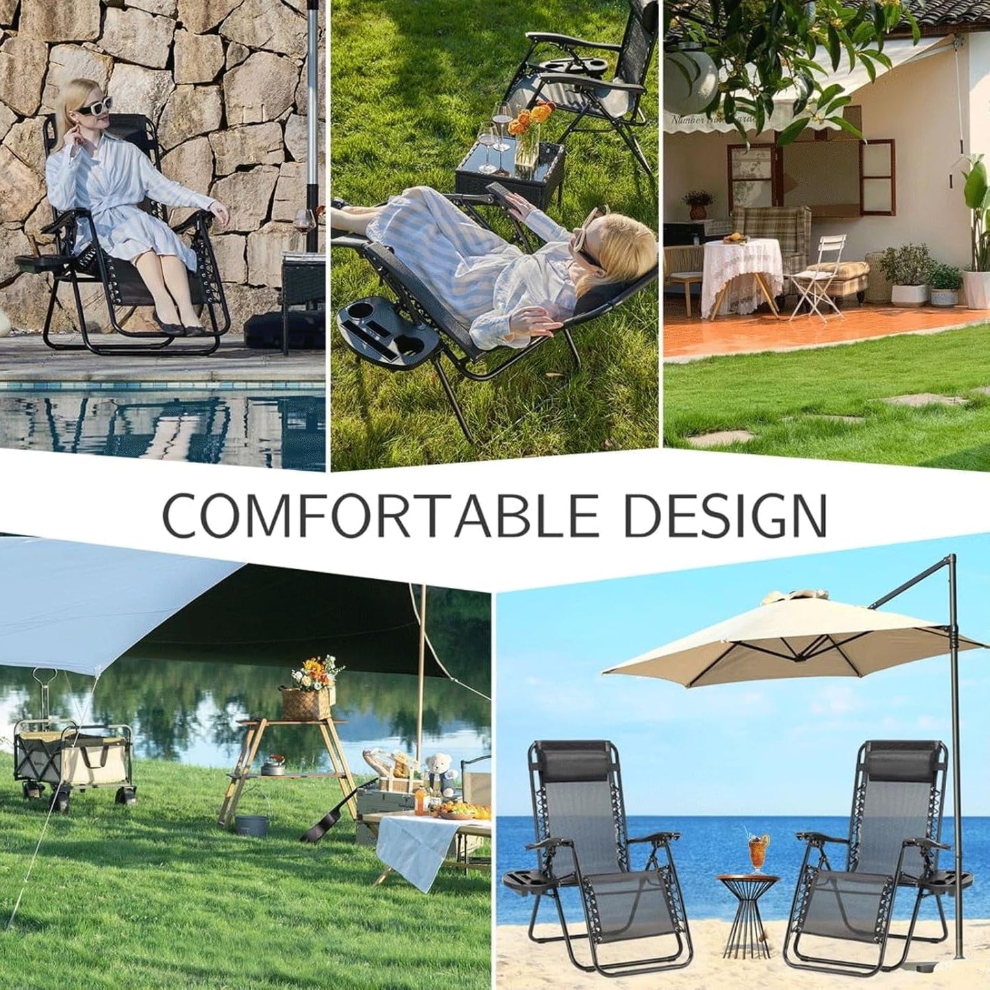 Atilioo Zero Gravity Chairs Set of 2, Adjustable Folding Recliner, Portable Lounge Chair with Steel Frame, Mesh Fabric, Cup Holder Trays & Pillow for Beach, Camping & Patio, Black