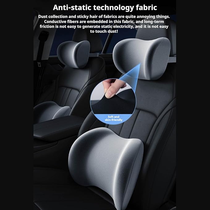 Car Headrest & Lumbar Support Cushion, Ergonomic Car Seat Headrest & Lumbar Cushion with Adjustable Strap for Neck Back Pain Relief, Memory Foam & Breathable Car Head Lumbar Rest Set (Gray)