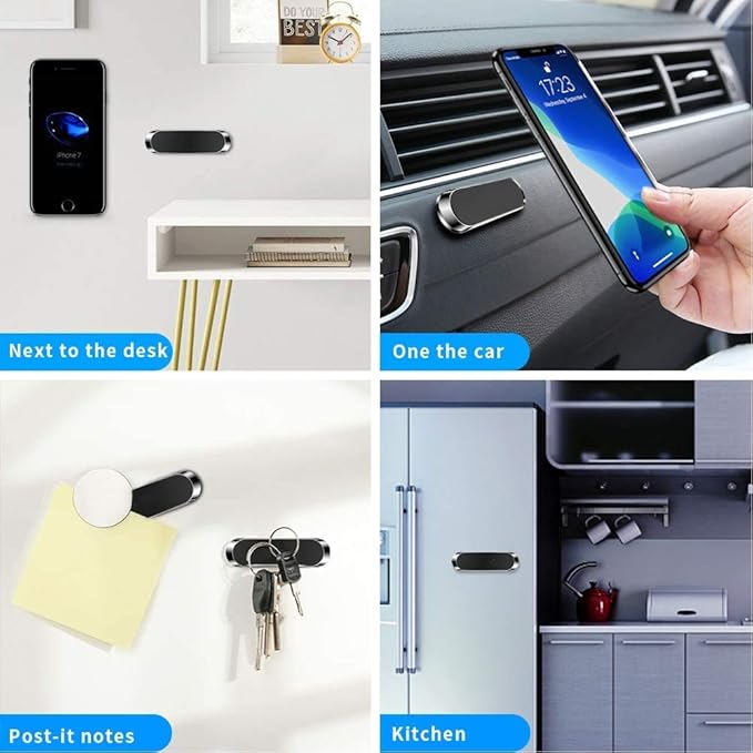 SALEX Silver Magnetic Mounts [4 Pack]. Flat Cell Phone Holder for Car Dashboard, Wall, Fridge. Stick on Universal Kit Compatible with GPS, Tablets, Smartphones, Knives, Keys, Spoons, Forks.