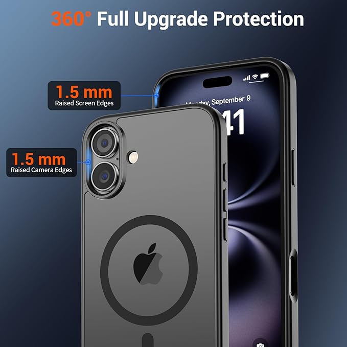 SUPFINE Magnetic for iPhone 16 Case (Compatible with MagSafe) (Military Grade Drop Protection) Translucent Matte Shockproof with Anti-Fingerprint Phone Cover,Black