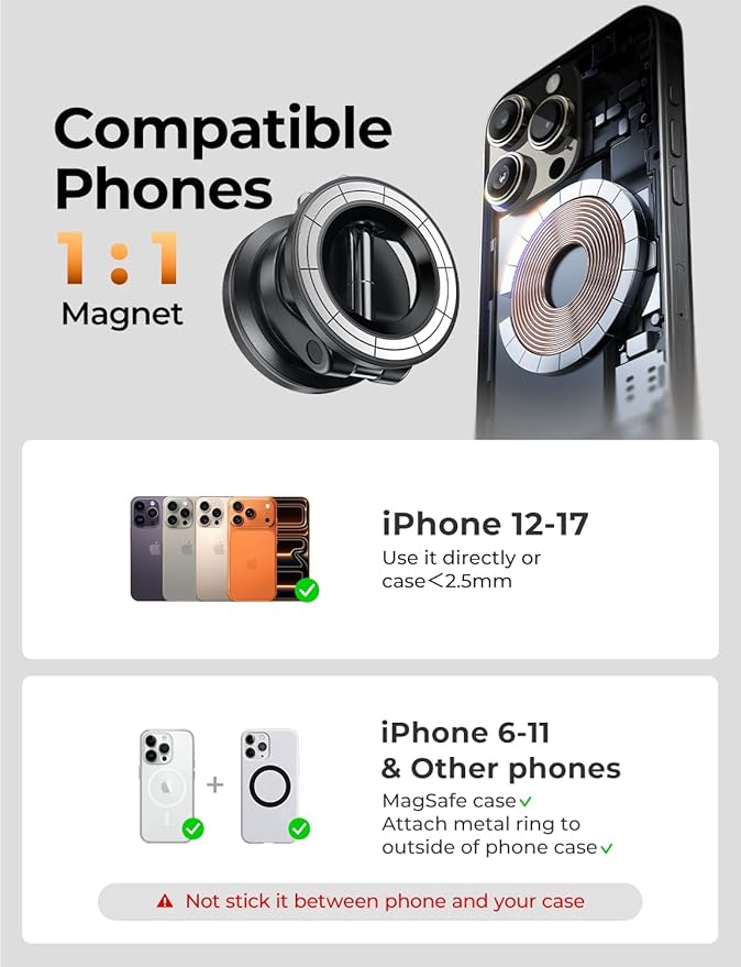 LISEN for Magsafe Car Mount, Cell Phone Holders for Your Car, Magnetic Car Accessories for Women Men Jeep Truck, Vacuum Gifts Kits for iPhone 17 Pro Max 16 15 14 13 12, Samsung S26, No Glue