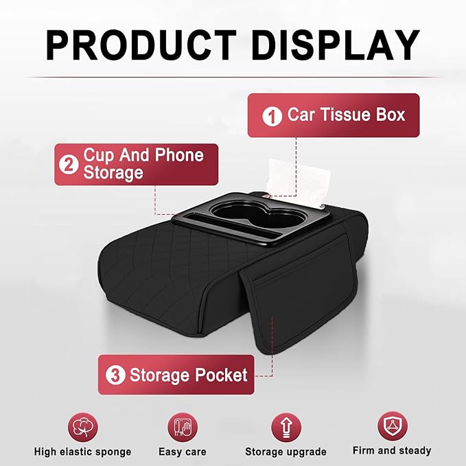 Car Armrest Storage Box for Nissan Hardbody (D21) 1986–1997, Center Console Organizer with Side Pocket, Ergonomic Memory Foam Armrest Cushion, Car Elbow Support Pad,B Black Red