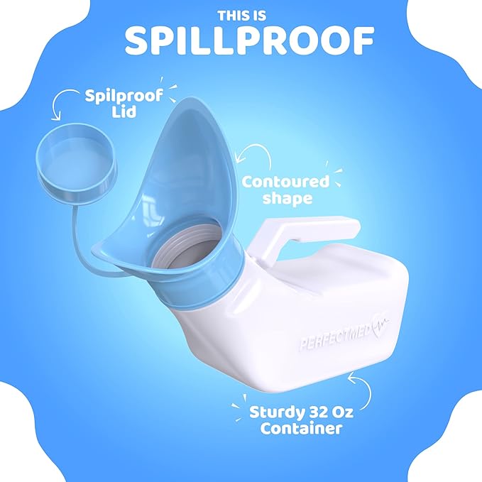 Female Urinal Spill Proof 32 oz (2 Pack)- Urinal for Women & Men - Pee Funnel - Unisex Bed Pan - Portable Urinals for Women - Sturdy Female Urination Device for Car Travel, Road Trip Essentials