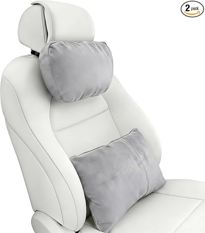 2PCS Car Pillow for Car Neck Pillow for Driving Seat Neck Support Soft Cushion Back Support Head-Rests for Vehicle Sleeping with Elastic Adjustment Strap (Grey, Head and Lumbar)