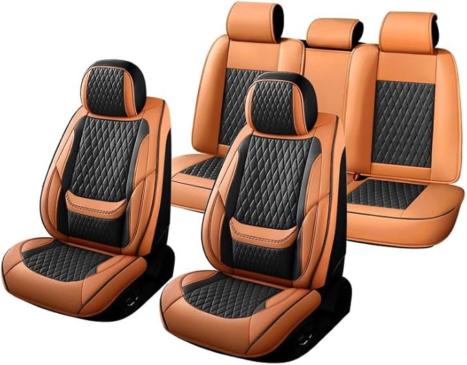 Car Seat Covers Full Set Custom Fit for Ford Taurus 1999-2018 - Premium Faux Leather with Lumbar Support | Breathable, Waterproof, Anti-Slip, Durable (Black&Brown,Full Set)
