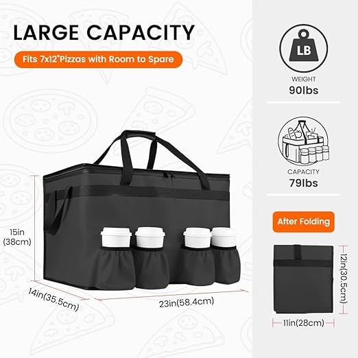 CIVJET Insulated Food Delivery Bag with 4 Cup Holders, XXX-Large Grocery Bags Keep Food Hot/Cold, Catering Cooler Bags with Drink Carrier, Commercial Food Warmer for Transport & Shopping, Black