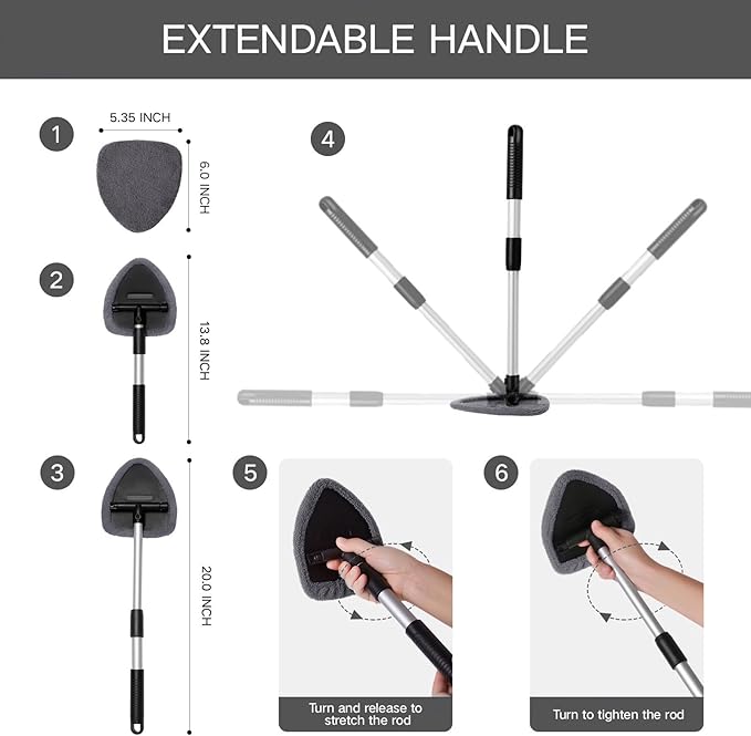 Qydipclin 11pcs Windshield Cleaner Tool, Car Window Cleaning Wash Kit with 6 Reusable Microfiber Pads 2 Spray Bottles and Extendable Handles Auto Glass Wiper Kit, Gray