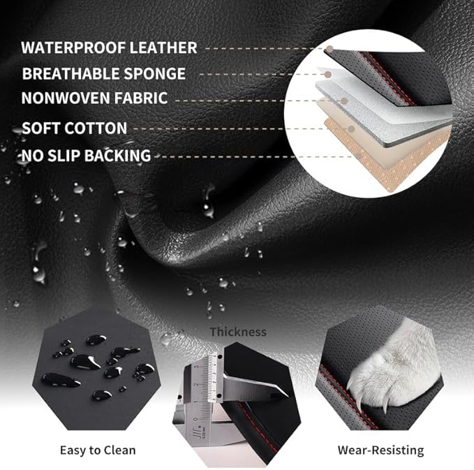 Car Seat Covers Full Set Custom Fit for Ford Fusion 2007-2020-Luxury Leather with Lumbar Support, Breathable, Waterproof, Anti-Slip, Durable, Easy to Install (Black&Red,Full Set)