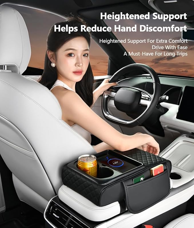 Car Armrest Pad with Built-in Induction Charging, Leather Center Console Cushion with 15W Power Pad, Dual Cup Holders, Storage Pockets - Light Beige