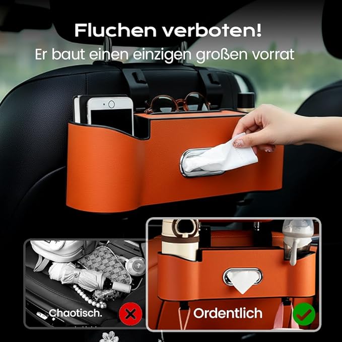 3-in-1 Car Backseat Organizer, 2026 New Multifunctional Back Seat Car Organizer with Cup Holder, Tissue Box, Trash Bin & Hooks for Hold Phones, Snacks, Drinks, Handbags (1, Red)