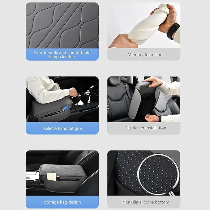 Car Center Console Cushion for Chevrolet City Express 2015-2018, Nappa Leather Memory Foam Armrest Cover with Side Storage Pockets, Auto Elbow Support Pad 1pc,Grey