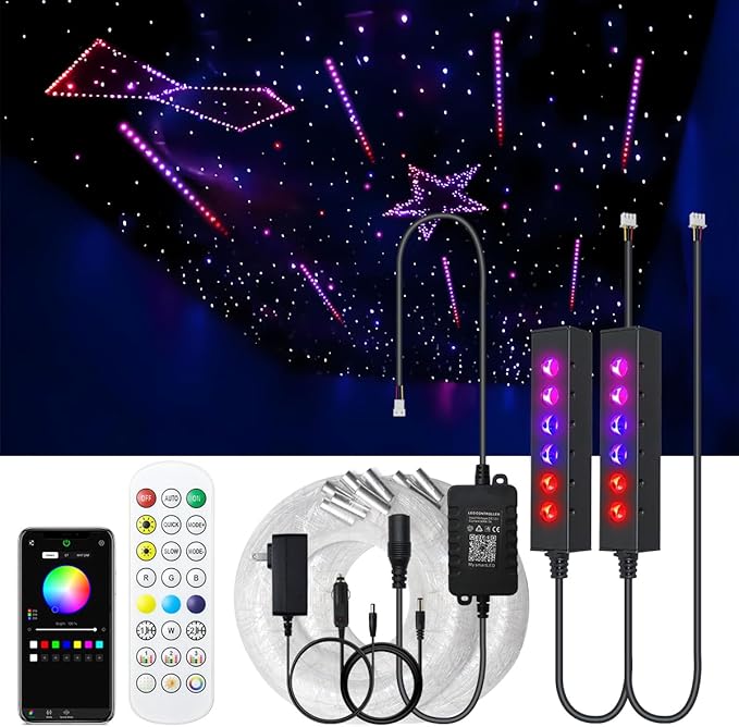 AKEPO MIni Size 6-Hole 3.2W RGB Multiple Color Chasing Fiber Optic Light Kit, 13.1ft 720pcs*0.75mm/0.03in Optical Fiber APP Control Mixed Color Timer Function Car Home Use Starlight Headliner Light