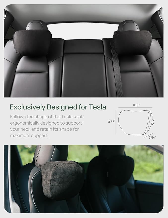 TPARTS Headrest Neck Pillow for Tesla Model 3/Y/X/S, Soft Faux Suede Fabric Car Neck Support Pillow Cushion for Traveling (Filled with Dupont Sorona Fiber)-1pc Black