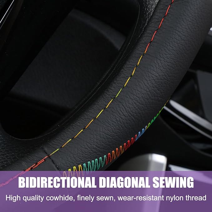BELOMI Car Steering Wheel Cover, Anti Slip Leather Breathable Vehicle Protector, Comfortable Grip Automotive Interior Protective Guard Accessories, Universal for SUV, Sedan, Truck (Black/Multicolor)