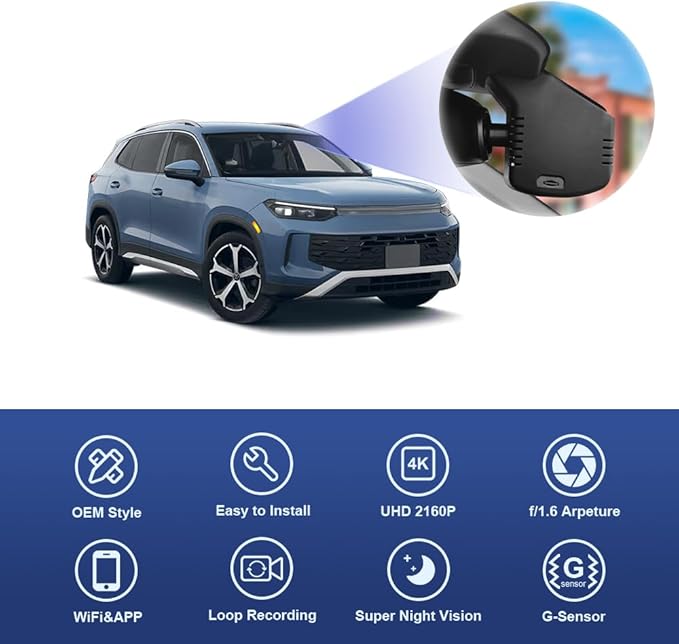 Fitcamx 4K Dash Cam Compatible with Volkswagen Tiguan 2024-2026 MK3 (Grey), Integrated OEM Look, 2160P UHD Video, WiFi & APP, Loop Recording, Parking Sensor, Night Vision, Easy to Use, 64GB Card