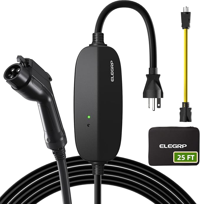 ELEGRP Level 1/2 EV Charger, 16 Amp, Portable J1772 Electric Car Charger, 25FT Cable, NEMA 6-20 & 5-15 Adapter, 110V-240V for BEVs/PHEVs, PBE & LRC Technology