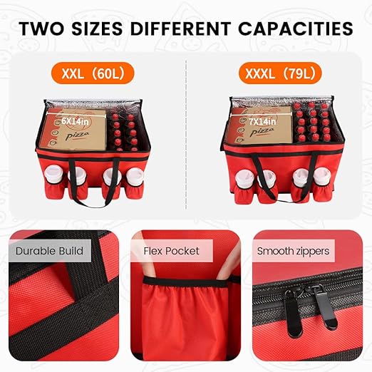 CIVJET Insulated Food Delivery Bag with 4 Cup Holders, XX-Large Insulated Grocery Bags Keep Food Hot/Cold, Cooler Bags with Drink Carrier, Food Carrier Catering Bag, Commercial Food Warmer Bag, Red
