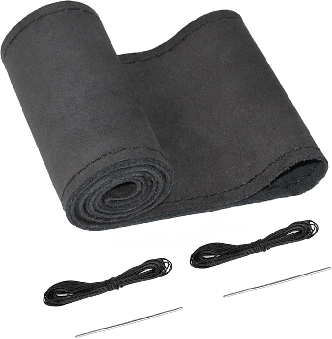BELINOUS Suede Leather Steering Wheel Cover, DIY Stitch-On Steering Wheel Wrap with Needle & Thread, Non-Slip & Sweat-Absorbing, Universal Fit for 13.75-16 Inch (Size S4, Black)