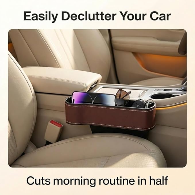 Car Seat Gap Filler Organizer, 2026 New Premium Leather Console Organizer for Holding Phone, Sunglasses, Auto Console Side Storage Box with Cup Holders 2 Seat Hooks for Drink (Brown, Driver's Seat)