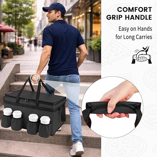 CIVJET Insulated Food Delivery Bag with 4 Cup Holder and Bottom Support, XXX-Large Insulated Grocery Bags Keep Food Hot/Cold, Cooler Bags with Drink Carrier, Food Carrier Catering Bag for Events,Black