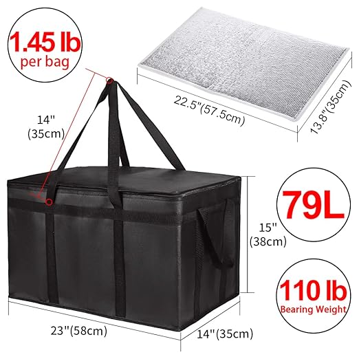CIVJET 1-Pack Insulated Food Delivery Bag with Hard Bottom, XXX-Large Commercial Food Warmers for Delivery Drivers, Insulated Reusable Grocery Cooler/Hot Bags, Tote Bag for Shopping/Travel, Black