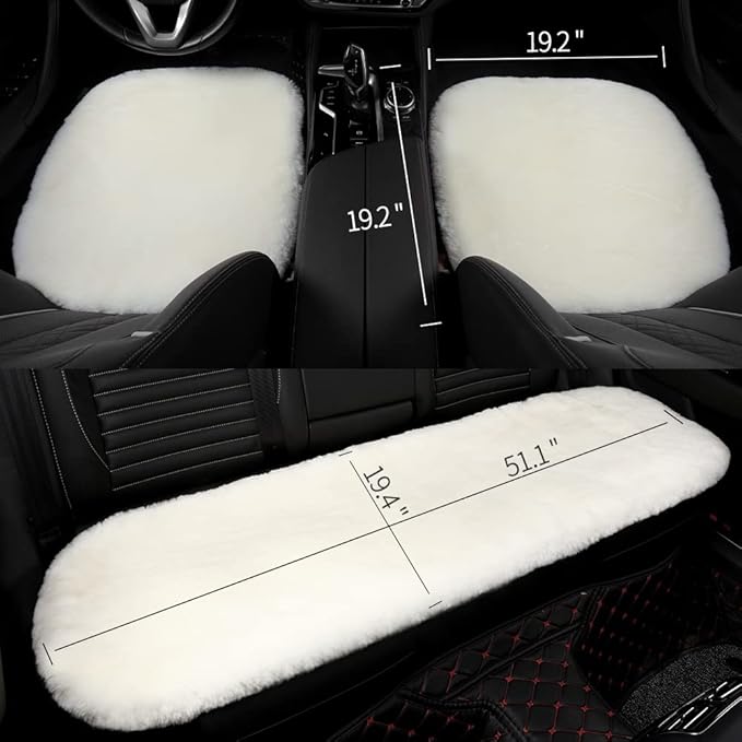 Genuine Sheepskin Auto Seat Pad, Soft Wool Seat Cover Breathable and Sweat-Wicking Universal Fit,19.2 inch x19.2 inch (Front seat Cushion 2pcs & Rear seat Cushion 1pc, Ivory White)