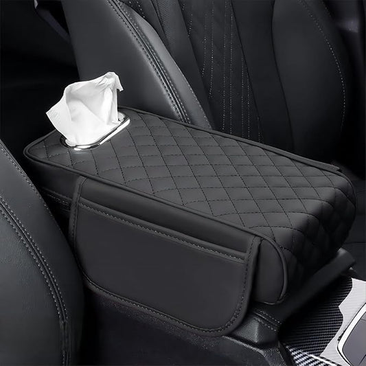 Car Center Console Cover for Infiniti FX SUV FX35 / FX37 / FX40 / FX45 /FX50, Leather Car Arm Rest Cover, Car Armrest Cushion with 2 Storage Bags Car Center Console Armrest Pad, B Black