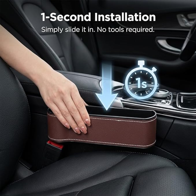 Car Seat Gap Filler Organizer, 2026 New Premium Leather Console Organizer for Holding Phone, Sunglasses, Auto Console Side Storage Box with Cup Holders 2 Seat Hooks for Drink (Brown, Driver's Seat)