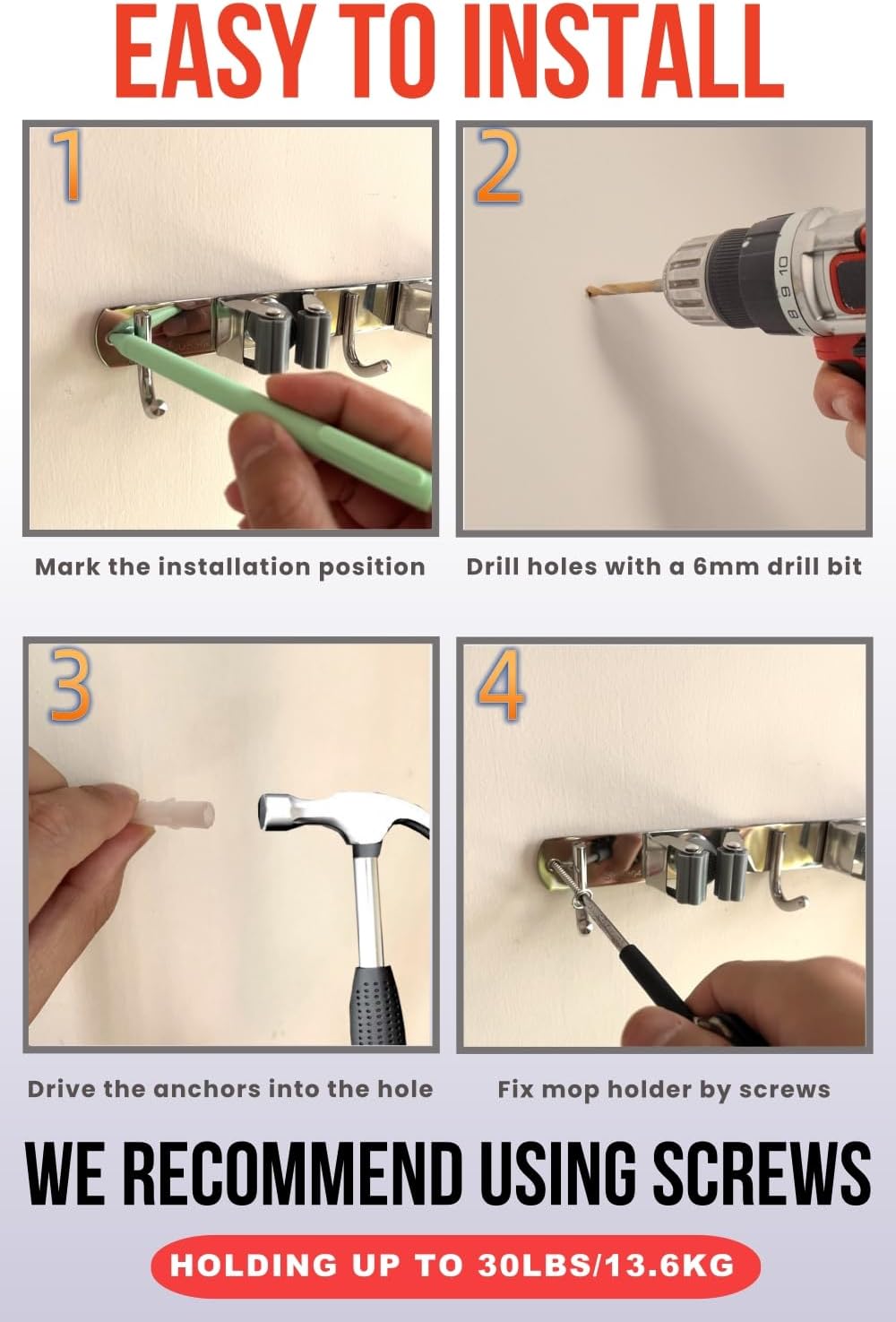 Mop and Broom Holder Wall Mount, Upgraded Broom Hanger Wall Mount, Stainless Steel Broom Organizer for Closet Garage Laundry Room Kitchen Wall Decor(4Racks 5Hooks Silver)