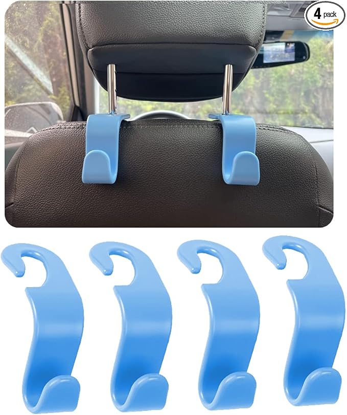 Car Seat Headrest Hook 4 Pack Hanger,Car Hook for Purse and Bag,Universal Vehicle Storage Organizer(Light Blue,4Pack)