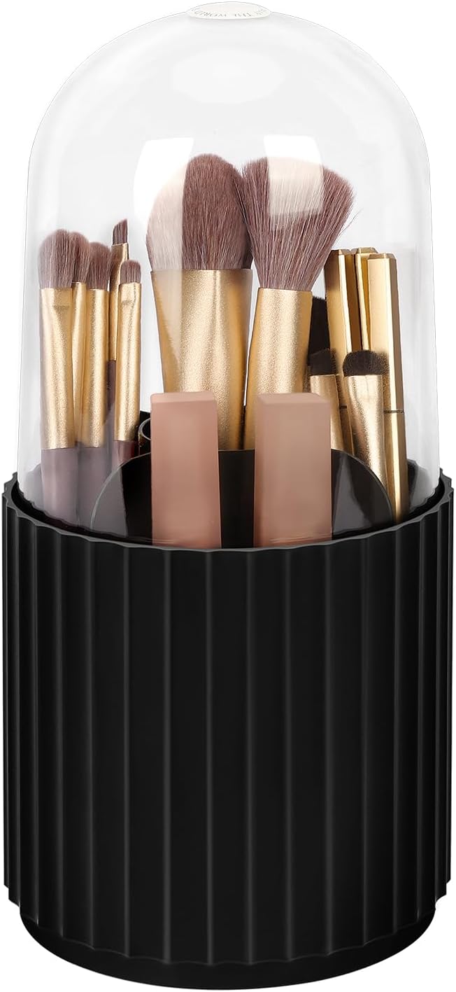 JessLab Makeup Brush Holder Organizer with Lid, 360 Degree Rotatable Spinning Cosmetics Holder Display for Bathroom Vanity Countertop, Black