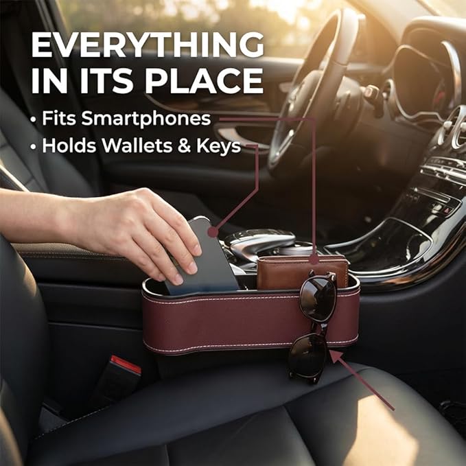 Car Seat Gap Filler Organizer, 2026 New Premium Leather Console Organizer for Holding Phone, Sunglasses, Auto Console Side Storage Box with Cup Holders 2 Seat Hooks for Drink (Brown, Driver's Seat)