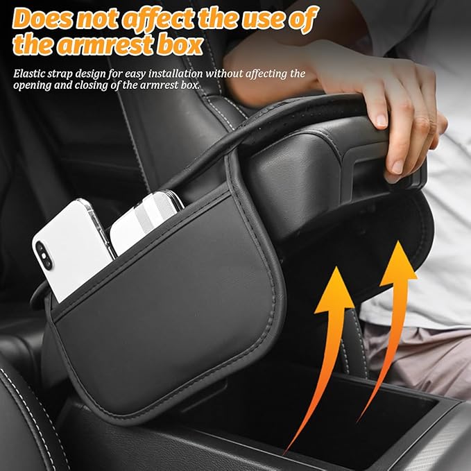 Car Center Console Cover, Leather Vehicle Armrest Box Pad with 2 Storage Bags, Automotive Interior Arm Rest Cushion Protector Accessories, Universal for SUV Sedan Truck (Brown)