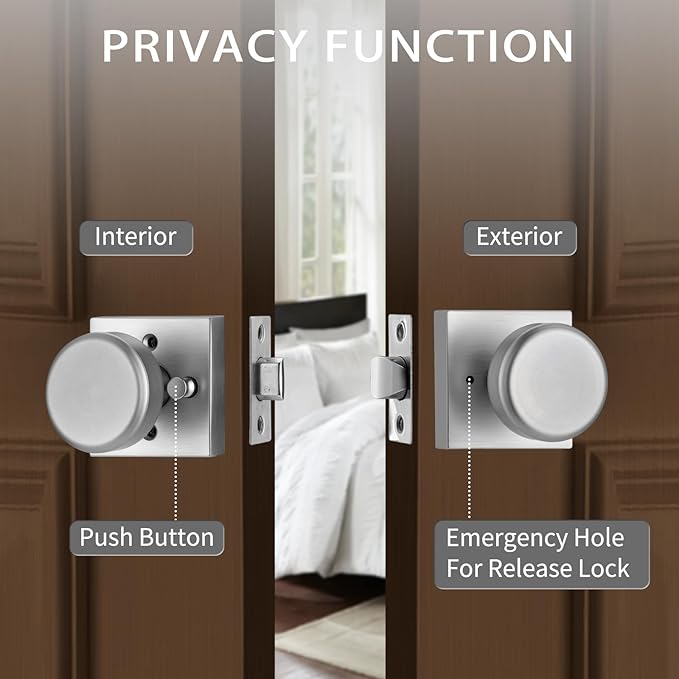 6 Pack Brushed Nickel Door Knobs with Square Rosette, Interior Door Handles for Bath & Bed, Heavy Duty Door Knob with Lock