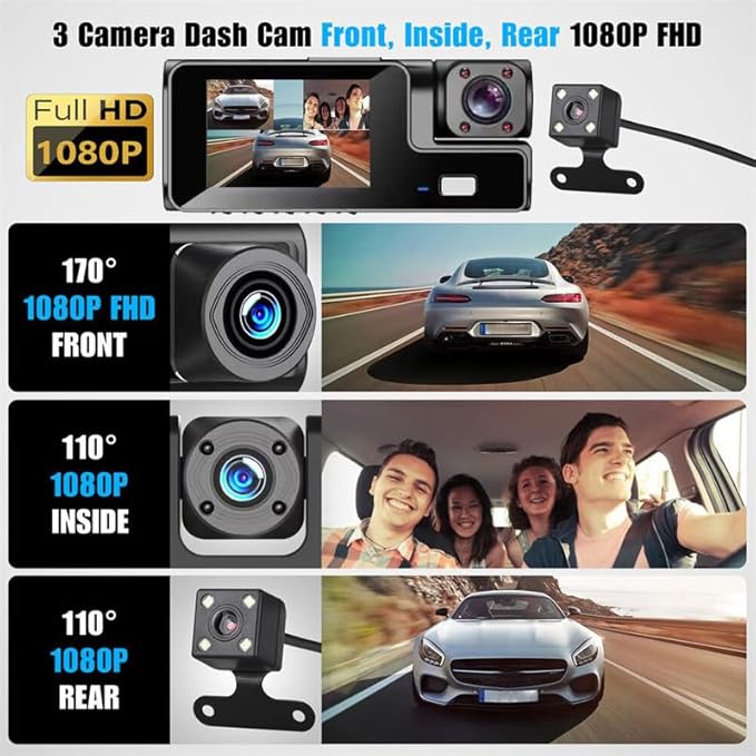 WiFi 1080P 3 Channel Dash Camera for Car Front and Inside Dashcam Car Security Video Recorder,170°Wide Angle Vehicle Cam,WDR,G-Sensor,Loop Recording,Night Vision (WiFi 3Channel Dash Cam With 32G Card)