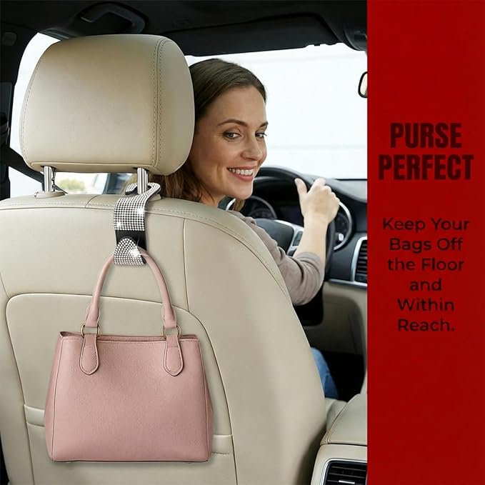 4PCS Bling Car Seat Headrest Hooks, Crystal Rhinestone Vehicle Back Seat Hanger Holder, Auto Interior Headrest Hanging Storage Organizer for Purse Handbag Coat, Universal Fit (Red)