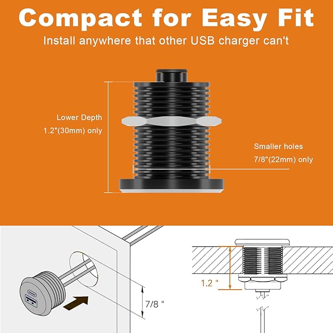 66W 12V USB Outlet PD 30W Type-C QC3.0 36W USB-A Dual Port Aluminum Fast Charging Socket for Laptop, Replacement Car Charger Accessories for RV Camper Trailer Truck Boat Golf