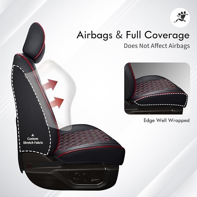 Huidasource Tacoma Seat Cover Front & Rear, Full Coverage Waterproof Leather Custom Cover Fit for 2016-2023 Double & Crew Cab Toyota Tacoma SR SR5 Limited TRD Sport/Pro/Off Road (Full Set/Black&Red)