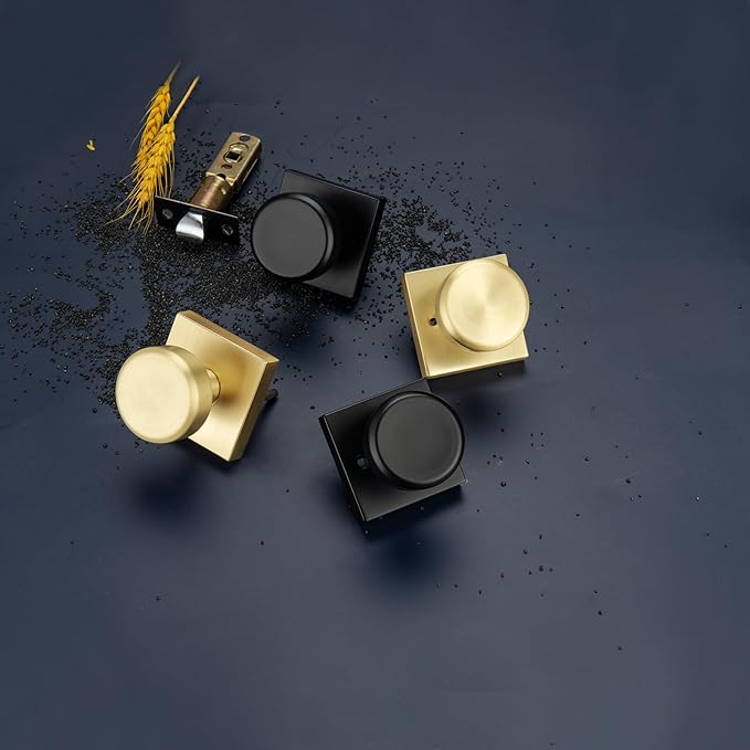 Brushed Gold Door Knobs Interior, Pismo Doorknobs with Square Rosette for Hall