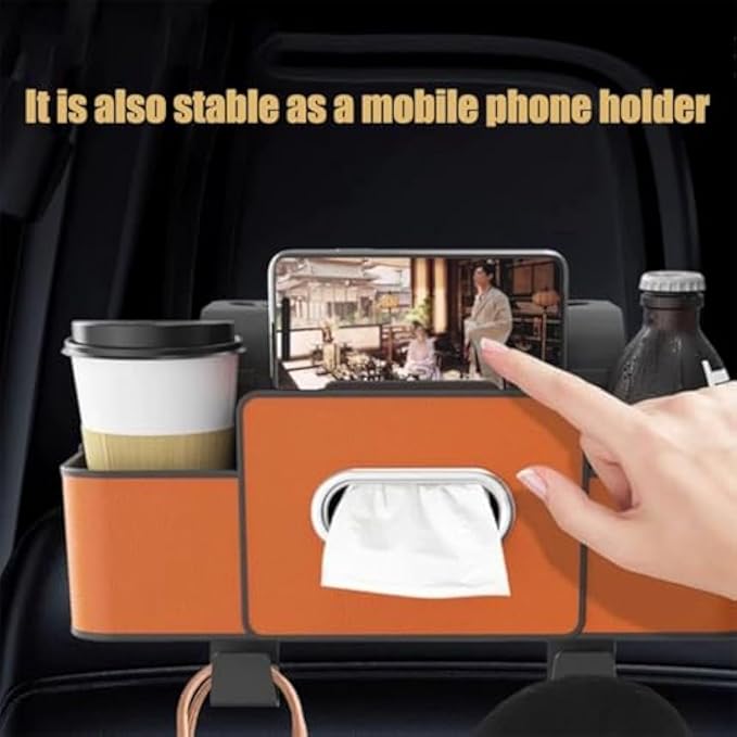 Car Organizers and Storage Box, Multifunctional Car Organizer and Storage Box Back Seat, 3-in-1 Holder Tissue Dispenser, Phone Stand for Snacks, Drinks, Bag Hook, Keep Tidy & Organized (White)