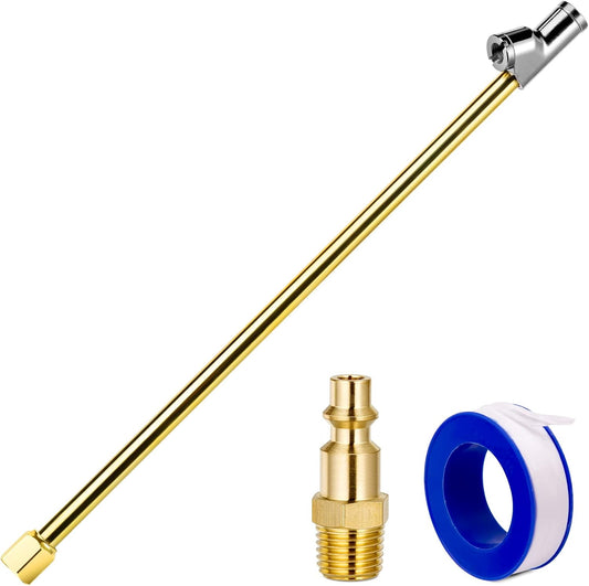 2-Way Connection 13.8" Extended Air Chuck Set, 1/4 in FNPT Straight Foot Dual Head Tire Inflate Chuck with Standard Brass Quick Plug, Tire Air Compressor Fill Kit for Truck RV Dually Tires