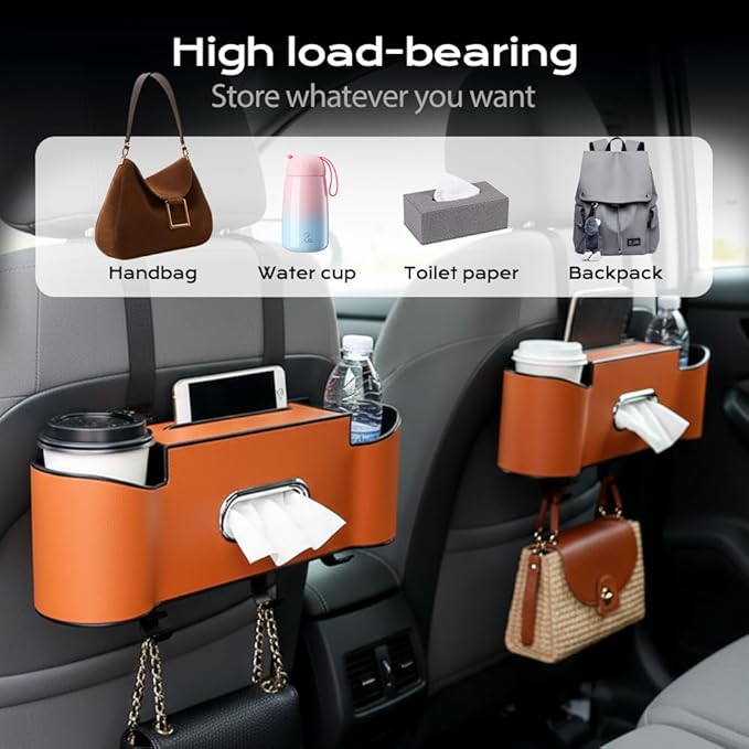 3-in-1 Car Backseat Organizer, 2026 New Multifunctional Back Seat Car Organizer with Cup Holder, Tissue Box, Trash Bin & Hooks for Hold Phones, Snacks, Drinks, Handbags (1, Brown)