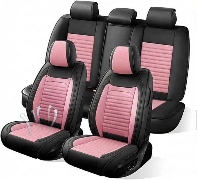 Truck Seat Covers Full Set Fit for Toyota Tacoma 2001-2026, Premium Faux Leather Car Seat Protector,Breathable Anti-Slip Full Wrapping Edge Seat Covers(Black&Pink,Full Set)