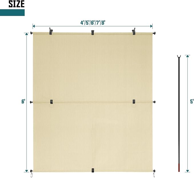 Bynbbur 8'W x 6'H Outdoor Patio Shades Foldable Roller Blinds, 220 GSM Sun Shade Roll Up Porch Screens Exterior Shade Cloth for Deck Pergola Backyard, Beige