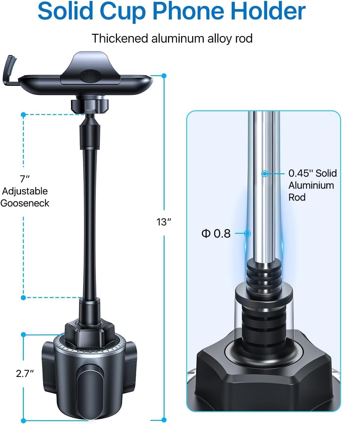 andobil Military-Grade Cup Phone Holder for Car/Truck, [2025 Enhanced] 13" 360° Adjustable Gooseneck w/Anti-Shake Car Mount, Universal Car Phone Holder for iPhone/Samsung/Pixel All 4.0-7.0" Devices