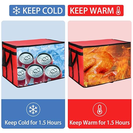CIVJET Insulated Food Delivery Bag with Hard Bottom, XXX-Large Insulated Reusable Grocery Cooler/Hot Bags, Tote Bag for Shopping/Travel, Red, 1-Pack