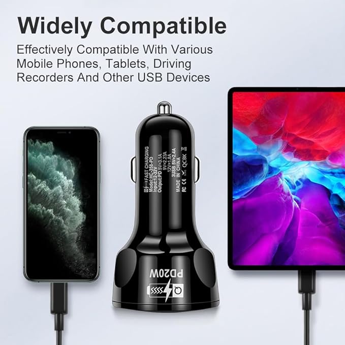 4 Port USB Fast Charging Cigarette Light Car Charger 3 * 2.4 A USB/ 1 PD20W LED Light Compatible with Tablets Cameras iPhone 14 13 12 11 Pro Max X XR XS Samsung Galaxy Series Google Pixel Android/iOS