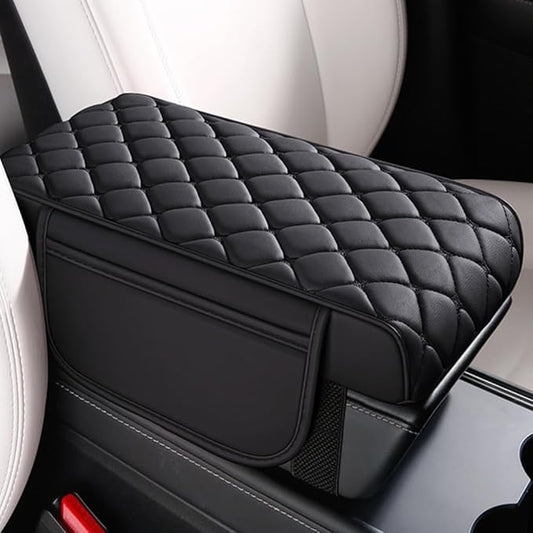 Universal Memory Cotton Car Armrest Box Pad, 2026 New Leather Car Armrest Box Pad with 2 Storage Bags, Auto Armrest Seat Box Cover, Center Console Cover Cushion for SUV, Car, Truck (Black)