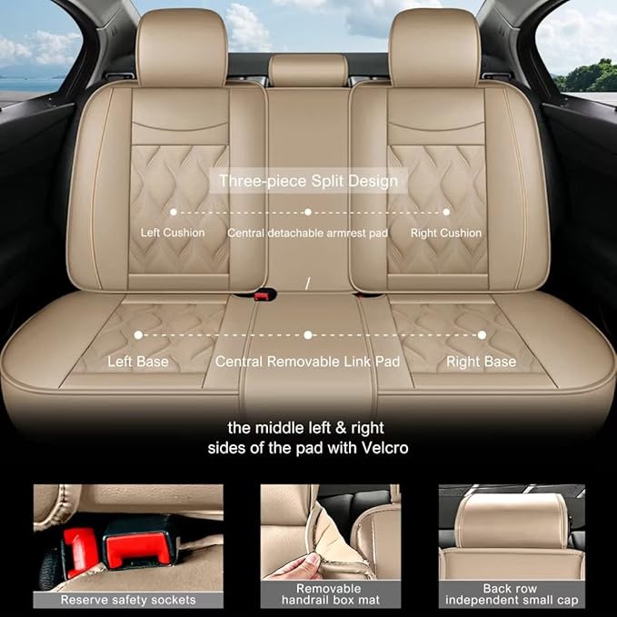 AOMSAZTO Car Seat Cover Full Set Seat Fit for Ford Fusion 2010-2020: Leather Car Seat Cushion Protector Compatible Airbag Waterproof Automotive Seat Covers Beige